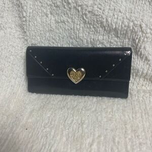 Love cat Paris leather black wallet with Gold Heart studs accents